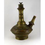 Ornate Eastern brass Hookah pipe base with bird finial lid, 20cm high.