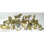 Collection of Oriental brass temple items to include horses, pots, boxes and urns