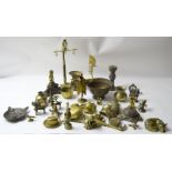 Collection of brass to include a desk bell, brass scales and Oriental cast brass