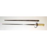 A French model 1886 Epee bayonet with aluminium hilt in its steel scabbard. Blade length 52cms