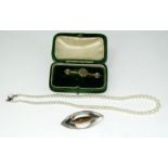A gold tie pin cased in a freshwater pearl necklace with a silver tiger's eye brooch from F