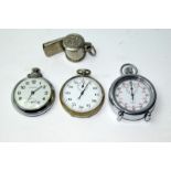 A Military stop watch, pocket watch and whistle to include CWC