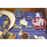 Table top display case to include netsuke, Oriental perfume bottles, vintage toy car, jewellery