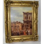 A painting of a street scene on tile of Florence in the C16th