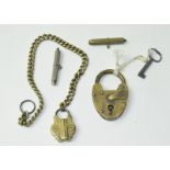 A vintage brass padlock & key. A pair of vintage Universal pocket watch keys, a brass chain and a