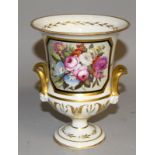 C19th English porcelain two handled vase with hand painted panel of flowers