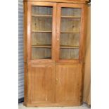 Pine open face corner cupboard in two parts. 210 x 130 x 70cm