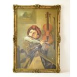 Oil of a boy musician in a gilt frame. Signed to the bottom left corner