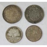 A collection of mostly modern world coins, including France five francs 1867, ten francs 1967 and