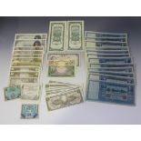 A collection of foreign banknotes, including Reserve Bank of New Zealand five pounds, Commonwealth