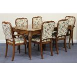 A late 20th Century burr walnut dining room suite, crossbanded and with inlaid decoration,