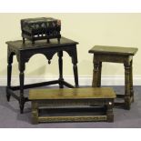 A late 20th Century oak joint stool, an oak occasional table and two stools.