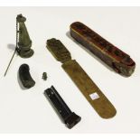A small group of collectors' items, including a Chinese Canton carved wood page-turner, a papier-