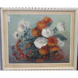 M. Hill - Still Life Study of Chrysanthemums, 20th Century oil on board, signed, approx 39cm x 49cm,