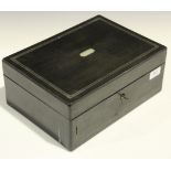 A Victorian ebony and pewter line inlaid work box, the interior fitted with a set of mother-of-pearl