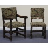 A set of eight 20th Century Carolean Revival oak dining chairs on turned and block legs,