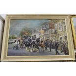 Eric Mason - Brewery Cart passing a Pub, probably London, mid-20th Century oil on canvas, signed,