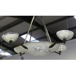 An Art Deco frosted glass and chromium plated ceiling light, the central glass bowl with impressed