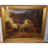 After George Stubbs - Horses Fighting, late 19th Century oil on canvas, approx 62cm x 75cm, within a