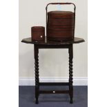 A Far Eastern bamboo and wicker food container, a similar cylindrical box and a George V oak table.