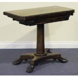 A William IV rosewood fold-over card table, the bead and reel moulded top above a carved and