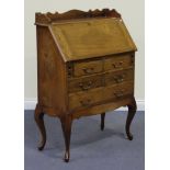A 20th Century Indian hardwood bureau-on-stand with brass wire inlaid decoration, on cabriole