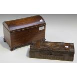 A late 19th Century mahogany tea caddy, width approx 25cm, together with a carved wood glove box.