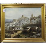 Mid/late 20th Century Continental School - View of a Hill-top Town, oil on canvas, indistinctly