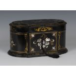 A mid-Victorian black lacquered papier-mâché tea caddy with mother-of-pearl inlaid and gilt scroll