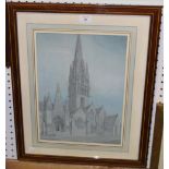 Emile Sagot - 'Ponteroix' (View of a Church), pencil drawing with touches of crayon, signed in