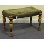 A late 19th/early 20th Century Middle Eastern stool with polychrome banded and turned baluster legs,