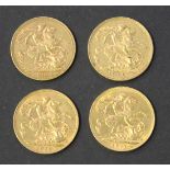 A Victoria Jubilee Head sovereign 1888M, an Edward VII sovereign 1902S and two George V