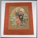A late 17th Century oval silkwork and metal thread panel depicting a man wearing a red robe and blue