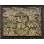 A fine 17th Century stumpwork rectangular panel depicting a group of five ladies, representing the