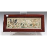 An 18th Century silkwork rectangular panel depicting a bird and insects among various fruiting and