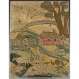 An 18th Century needlework rectangular panel depicting a farmstead with a lady tending to cows,