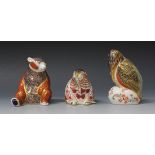 Three Royal Crown Derby bone china paperweights, comprising Honey Bear, Kingfisher and a Beaver, all