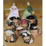 A group of seven Royal Doulton small character jugs, comprising 'North American Indian', D6614, 'The