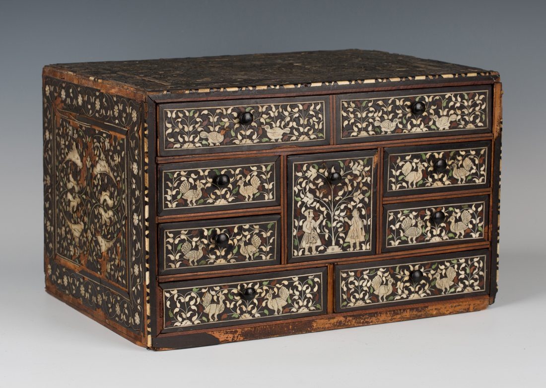 A late 17th/early 18th Century Indo-Portuguese hardwood, ivory and green stained ivory inlaid