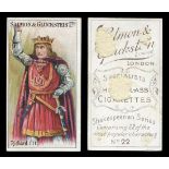 A collection of cigarette cards, including a set of 22 Salmon & Gluckstein 'Shakespearian Series (