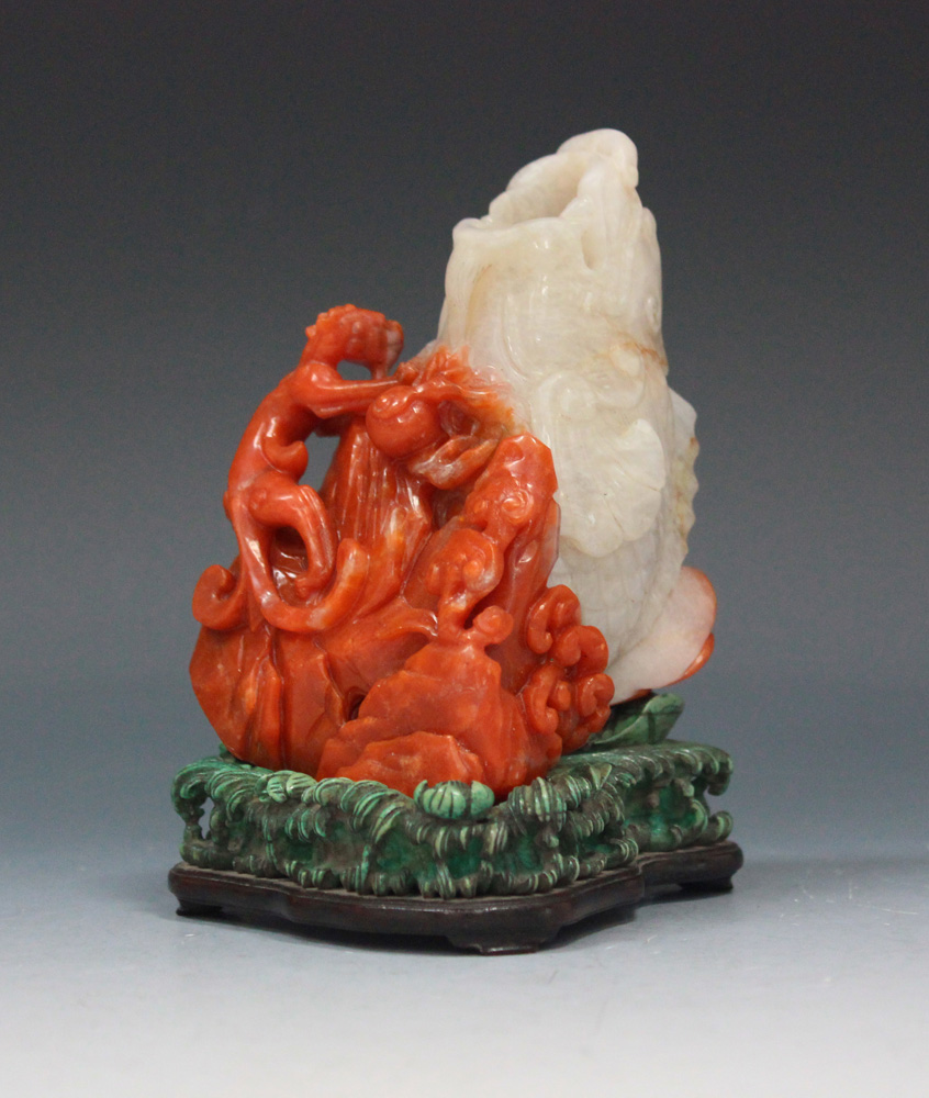 A Chinese two-tone agate vase, 20th Century, the pale grey and red stone carved with a leaping - Image 11 of 12