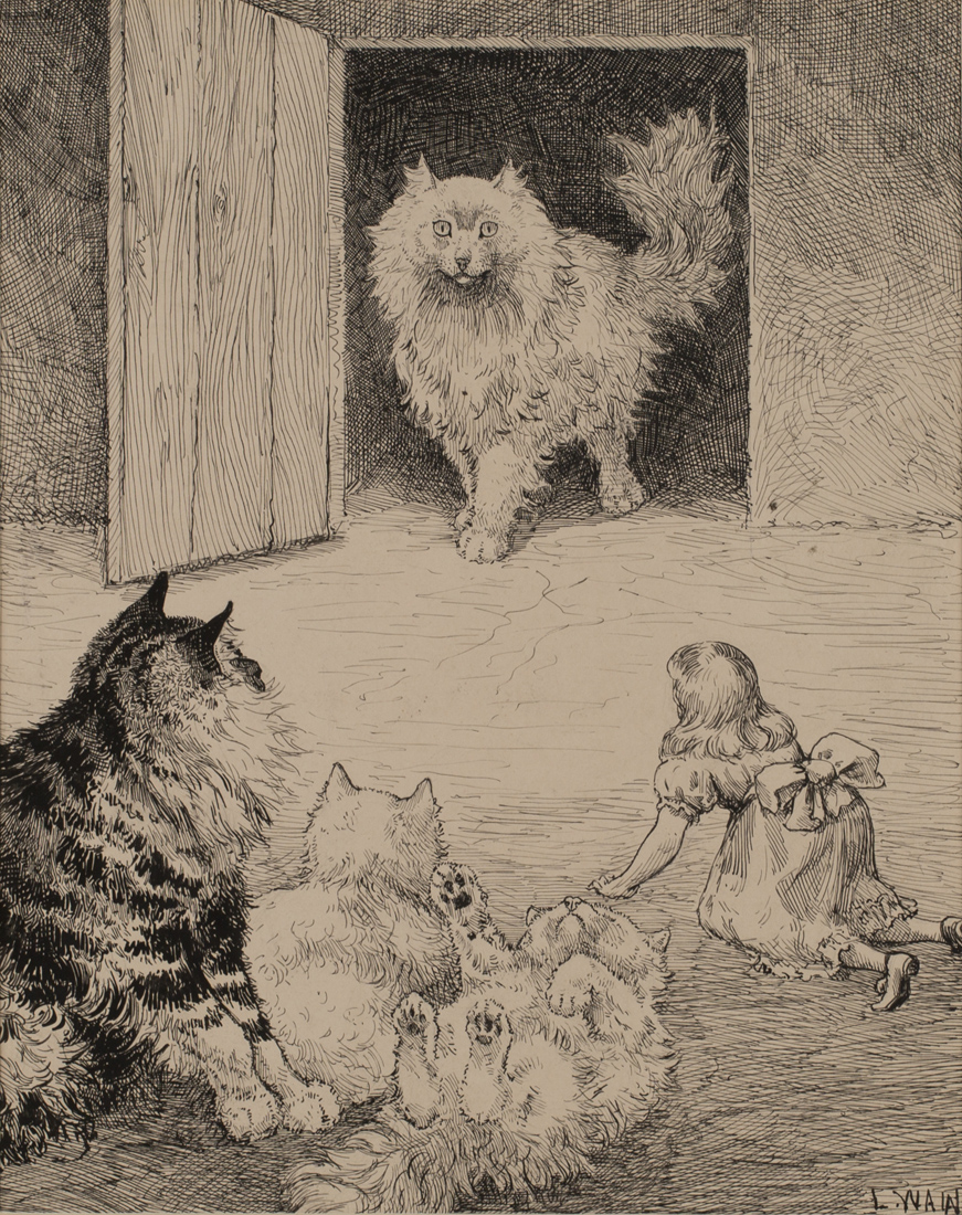 Louis Wain - Four Giant Domestic Cats and a Small Girl, late 19th/early 20th Century pen and ink,