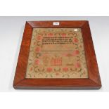 A late Victorian needlework sampler by Jane Owen, dated 1886, the pious verse above a country