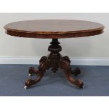 A mid-Victorian burr walnut tip-top breakfast table, the oval top raised on a reeded baluster column