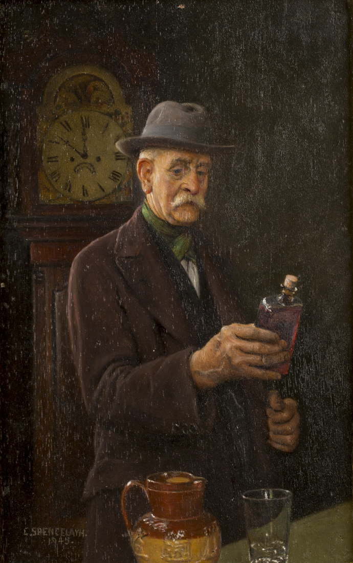 Charles Spencelayh - 'Every Four Hours', oil on panel, signed and dated 1945 recto, titled label