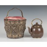 A Chinese silver teapot case and polished Yixing stoneware teapot and cover, late Qing dynasty, made