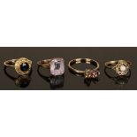 A 9ct gold ring, claw set with a cut cornered rectangular amethyst, an 18ct gold ring, claw set with