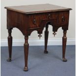 An 18th Century and later walnut lowboy with feather and crossbanded decoration, the moulded top