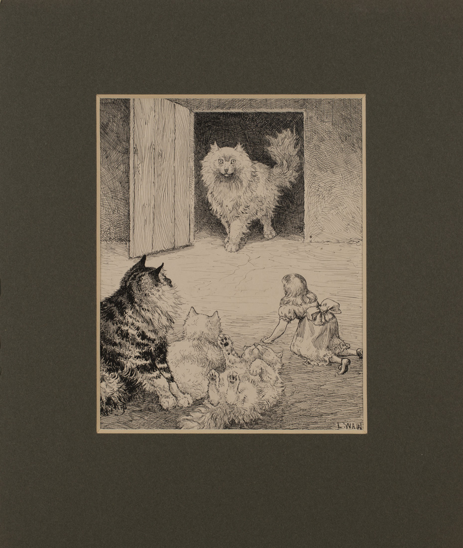 Louis Wain - Four Giant Domestic Cats and a Small Girl, late 19th/early 20th Century pen and ink, - Image 2 of 4