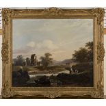 Mid-19th Century British School - Figures on the Bank of a River, oil on canvas, approx 49cm x 59cm,